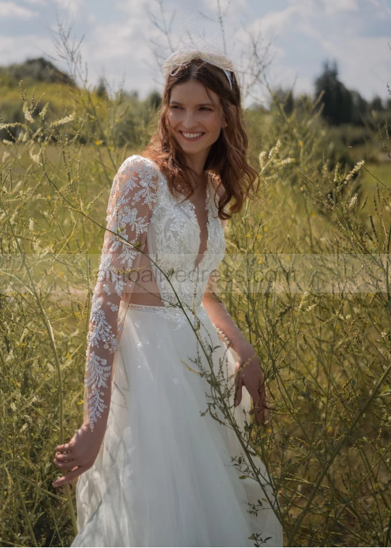 Beaded Long Sleeves Ivory Lace Tulle Sparkly Wedding Dress